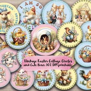 Vintage Easter Collage Circles Printable, Bunny Chick Ephemera for Jund Journal, Shabby Chic Scrapbooking Elements, Pastel Easter Decor