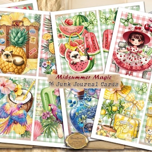 Cartes de journalisation magiques du solstice d'été Design tropical Oiseaux exotiques colorés Ambiance de pique-nique de fruits d'été Papier de scrapbooking pour carnets et travaux manuels