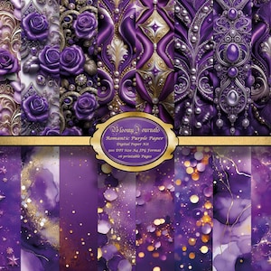 Könnte beinhalten: Ein digitales Papierpaket mit 10 druckbaren Designs in Lila und Gold. Die Designs umfassen verzierte Blumenmuster, abstrakte Aquarellhintergründe und ein Mond- und Sternen-Design.
