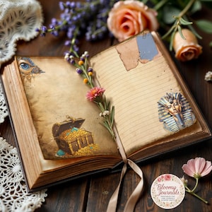 May include: An open journal with aged pages, featuring illustrations of a treasure chest, an eye, and a pharaoh's mask. A sprig of flowers and a ribbon bookmark add a delicate touch. The journal is on a wooden surface.