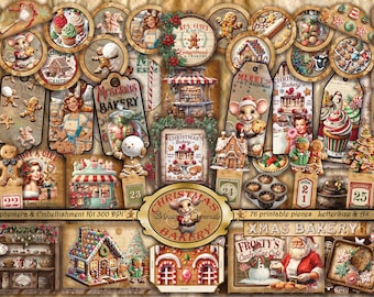 Christmas Ephemera Kit, Sweet Bakery, Tags, Tickets, Pockets, Envelope, Collage Circles, Gingerbread, Scrapbook, 76 pieces, download, LS& A4