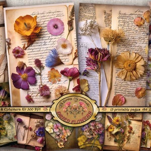 Getrockente und gepresste Blumen vintage Papiere, 15 druckbare Seiten zum Papier-Basteln, Junk-Journaling, Scrapbook & Mixed Media, Size A4