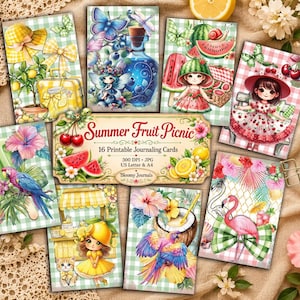 May include: A collection of 16 printable journaling cards titled Summer Fruit Picnic, featuring illustrations of fairies, tropical birds, flamingos, and summer fruits like watermelon and lemons on checkered backgrounds, with text including 300 DPI JPG.