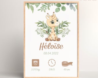 Personalized giraffe birth poster, baby poster, birth gift, mixed baby poster, wall decoration, child's room