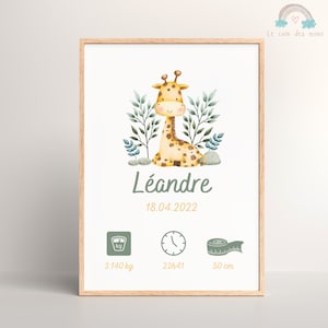 Personalisiertes Geburtsplakat Giraffe, gemischtes Babyplakat, Geburtsgeschenk, Babyzimmer, Wanddekoration, personalisiertes Babygeschenk