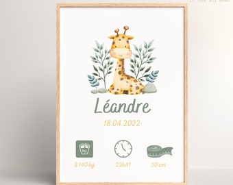 Personalized giraffe birth poster, mixed baby poster, birth gift, baby room, wall decoration, personalized baby gift