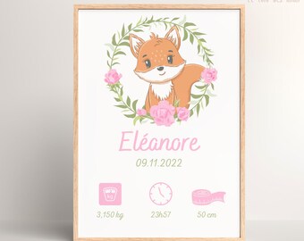 Personalized pink fox birth poster, baby poster, birth gift, wall decoration, baby room, personalized baby gift