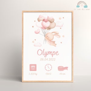 Poster zur Geburt eines Kaninchens und pastellrosa Herzballons, personalisiertes Poster, Geschenk zur Geburt eines Mädchens, Wanddekoration, Babyposter