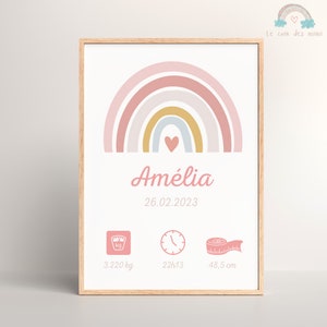 Personalized pastel pink rainbow birth poster, baby girl poster, birth gift, wall decoration, baby room