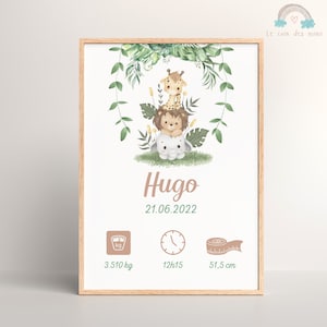 Cartel de nacimiento personalizado en la selva, cartel de bebé, cartel de nacimiento mixto, decoración de pared, regalo de nacimiento de bebé