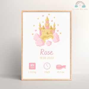 Cartel de nacimiento personalizado castillo de princesa rosa, regalo de nacimiento, cartel de bebé, habitación de niña, decoración de pared
