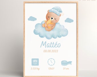 Personalized blue teddy bear birth poster, baby poster, personalized birth gift, wall decoration, baby room, little boy