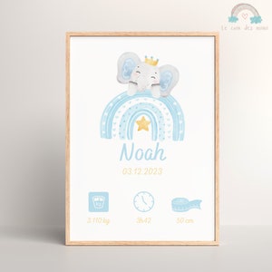 Personalized blue elephant birth poster, baby poster, personalized birth gift, baby room poster, wall decoration