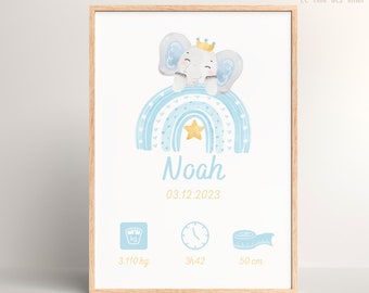 Personalized blue elephant birth poster, baby poster, personalized birth gift, baby room poster, wall decoration