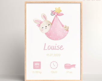 Personalized pink rabbit birth poster, birth gift, baby poster, wall decoration, baby room, personalized baby gift