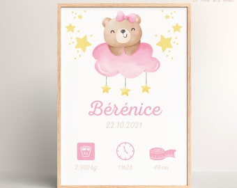 Personalized birth poster pink starry teddy bear, baby poster, birth gift, wall decoration, baby room, baby gift