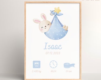 Personalized blue rabbit birth poster, baby poster, birth gift, wall decoration, baby room, personalized baby gift