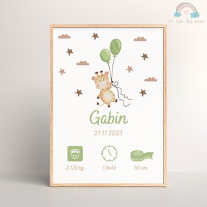 Cartel de nacimiento personalizado jirafa y globos, regalo de nacimiento, habitación de bebé, decoración de pared, regalo de bebé personalizado