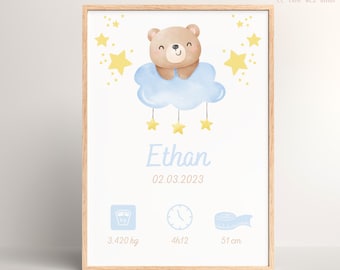 Personalized birth poster blue starry teddy bear, baby poster, birth gift, wall decoration, baby room, baby gift