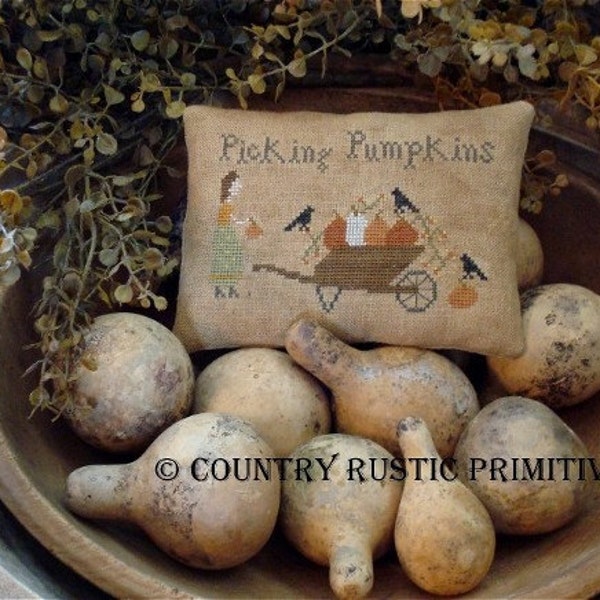 Primitive Picking Pumpkins Pillow Tuck Cross Stitch E Pattern PDF- New Pattern