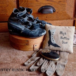 Primitive High Button Shoe Pillow Tuck Cross Stitch E Pattern PDF