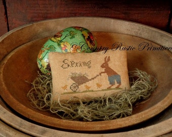 Primitive Spring Rabbit & Cart Pillow Tuck Cross Stitch E Pattern PDF- New Pattern