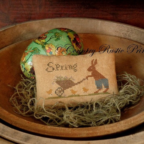 Primitive Spring Rabbit & Cart Pillow Tuck Cross Stitch E Pattern PDF- New Pattern