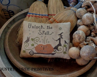 Primitive Unlock The Spells Halloween Pillow Tuck Cross Stitch E Pattern PDF