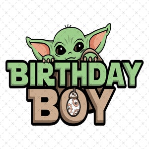 Op de afbeelding: Groene en bruine verjaardagskaart met een cartoonafbeelding van een baby Yoda-personage dat over de tekst "Birthday Boy" kijkt. Het personage houdt een kleine, ronde, witte en oranje robot vast.
