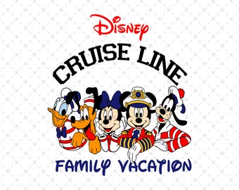 May include: A white background with a red and black Disney Cruise Line logo. Below the logo are four cartoon characters: Mickey Mouse, Minnie Mouse, Donald Duck, and Goofy. The characters are wearing sailor outfits and smiling. The text "Family Vacation" is below the characters.