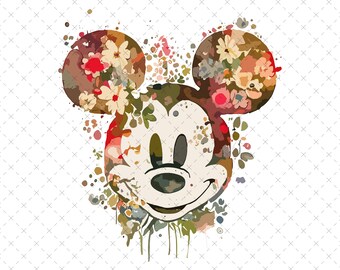 Floral Mickey Mouse PNG, Watercolor Cartoon, Sublimation Design (Digital Download)