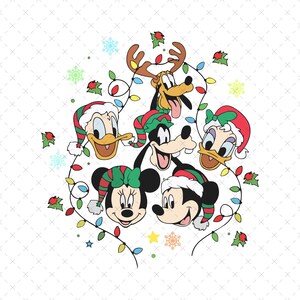 May include: A festive illustration featuring Mickey Mouse, Minnie Mouse, Donald Duck, Goofy, and Pluto, all wearing Christmas hats. Colorful string lights and snowflakes surround the characters, creating a cheerful holiday design.