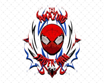 Könnte beinhalten: Eine grafische Illustration mit dem rot-schwarzen maskierten Kopf von Spider-Man über einem kleinen schwarzen Spinnensymbol. Der Text THE AMAZING SPIDER-MAN ist in fetten roten Buchstaben dargestellt, umgeben von spitzen blauen und schwarzen Akzenten.
