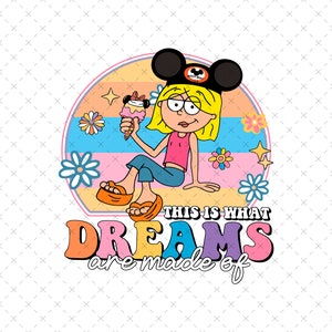 Op de afbeelding: Een cartoonmeisje met een Mickey Mouse-hoed die een ijsje vasthoudt. De achtergrond is een kleurrijk retro-ontwerp met de tekst "This is what dreams are made of".
