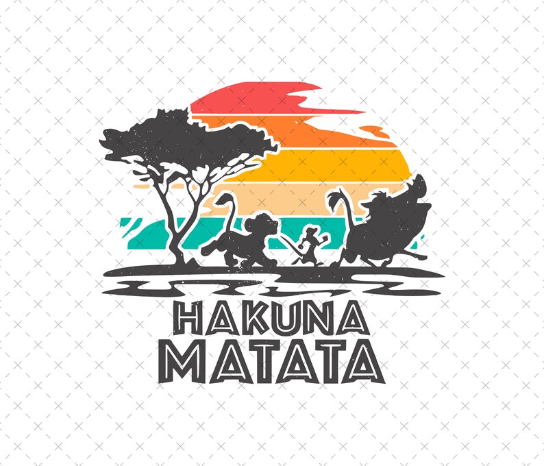 May include: Silhouette of three lion characters from the movie The Lion King, running across a savanna landscape with a sunset in the background. The text "Hakuna Matata" is below the image.