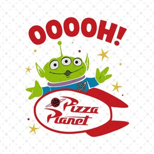 Puede incluir: Un personaje extraterrestre verde con tres ojos y una gran sonrisa vuela en un cohete rojo con las palabras "Pizza Planet" en él. El extraterrestre dice "Oooooh!" en letras rojas.
