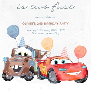 May include: A birthday invitation with a watercolor background featuring two cartoon cars, one red and one brown, with party hats and balloons. The text reads "Oliver is two fast" and includes details about Oliver's 2nd birthday party.