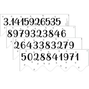 May include: A black and white printable chart featuring the first 40 digits of pi. The digits are arranged in four rows, each containing 10 digits. The chart is labelled with the number pi symbol and the numbers 1 to 4.