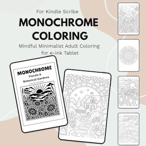 Op de afbeelding: Een digitaal monochroom kleurboek voor Kindle Scribe e-ink tablets. Het scherm toont de titel Monochrome Florals & Botanical Gardens met een landschapsillustratie. Vier extra verticale panelen tonen zwart-wit lijntekeningen.