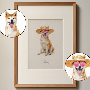 Custom Summer Pet Portrait, Personalized Pet Wearing Sunglasses and Beach Hat, Dog Cat Wall Art, Custom Watercolor Pet Art, Digital Download