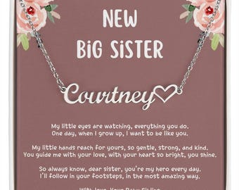 Big Sister Necklace – Personalized Heart Name Necklace, Custom Gift for Big Sister, New Big Sister Jewelry, Personalized Sister Gift