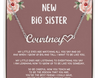 Big Sister Necklace – Personalized Heart Name Necklace, Custom Gift for Big Sister, New Big Sister Jewelry, Personalized Sister Gift