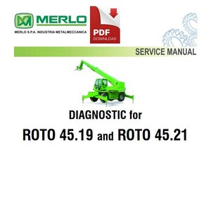 Op de afbeelding: Een groene servicehandleidinghoes voor een Merlo Roto 45.19 en 45.21, met een groene telescopische hoogwerker met een witte cabine en een rode PDF-downloadknop. De tekst "DIAGNOSTIC for ROTO 45.19 and ROTO 45.21" is in zwart gedrukt.