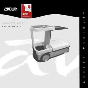 Puede incluir: Una cubierta de manual de servicio Crown Wave blanca y gris con un vehículo de asistencia de trabajo Wave. El vehículo tiene una plataforma, un asa y ruedas. El icono de descarga de PDF está en la esquina superior derecha.