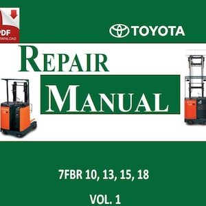 Könnte beinhalten: Eine grüne Titelseite für ein Toyota-Stapler-Reparaturhandbuch. Das Cover zeigt das Toyota-Logo, die Worte "Reparaturhandbuch" und die Modellnummern "7FBR 10, 13, 15, 18". Das Handbuch ist Band 1.