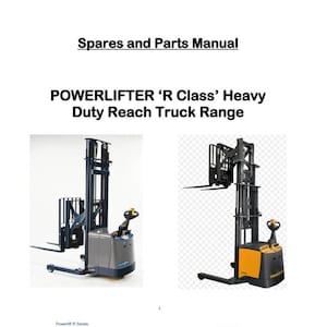 May include: A parts manual for Powerlifter 'R Class' heavy duty reach trucks. The manual features two images of reach trucks, one blue and one yellow. The text 'Powerlift R Series' is at the bottom of the page.