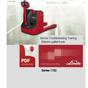 Peut inclure: Un chariot élévateur électrique rouge avec le texte "Linde T18" sur le côté. Le chariot est dans un entrepôt. L'image est un téléchargement PDF pour un manuel de formation à la résolution des problèmes de service pour les chariots élévateurs électriques Linde série 1152, modèles T16, T18 et T20. Le manuel est pour l'édition 2008.11.