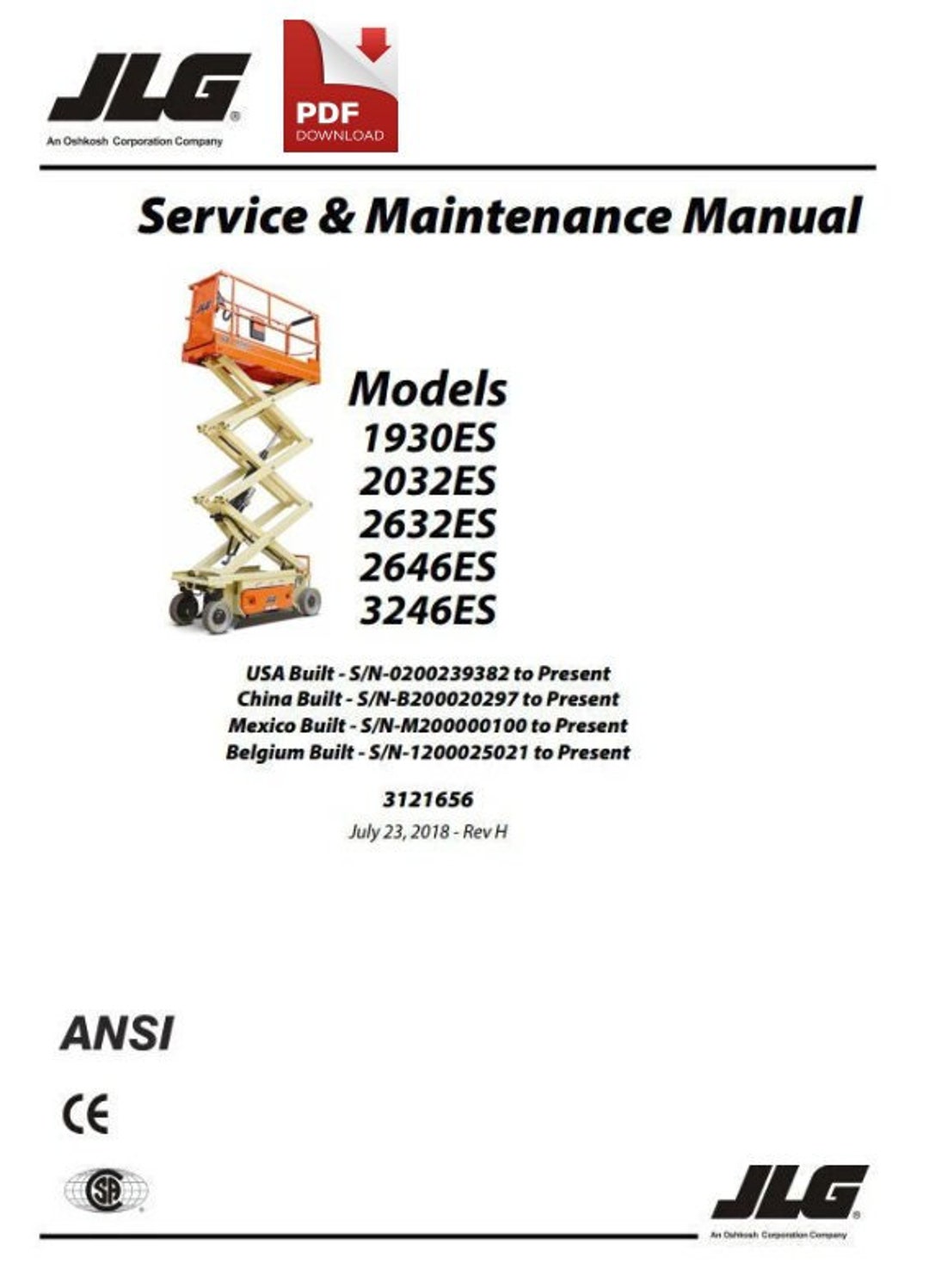 Service Maintenance Repair Manual PDF JLG Scissor Lift 1930ES