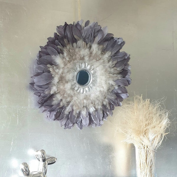 Miroir jujuhat 55cm PIÈCE UNIQUE plumes grises cadre vintage argenté