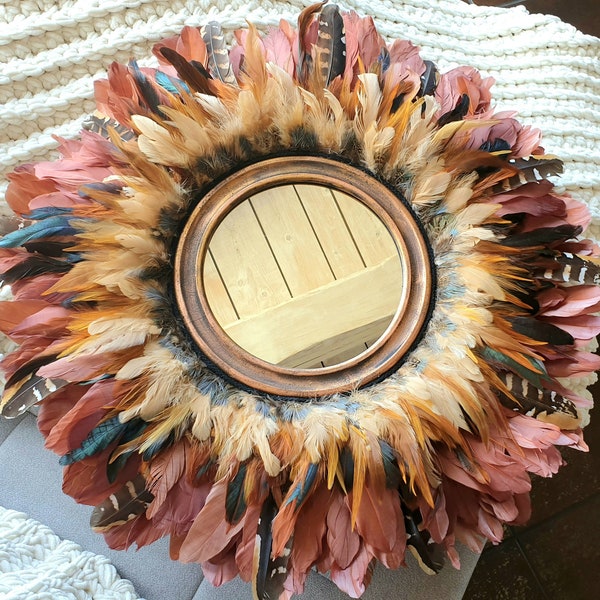 Jujuhat Terracotta et faisan, cadre vintage patiné cuivrée pour décoration bohème chic plumes naturelles, Modèle Unique fait main en France